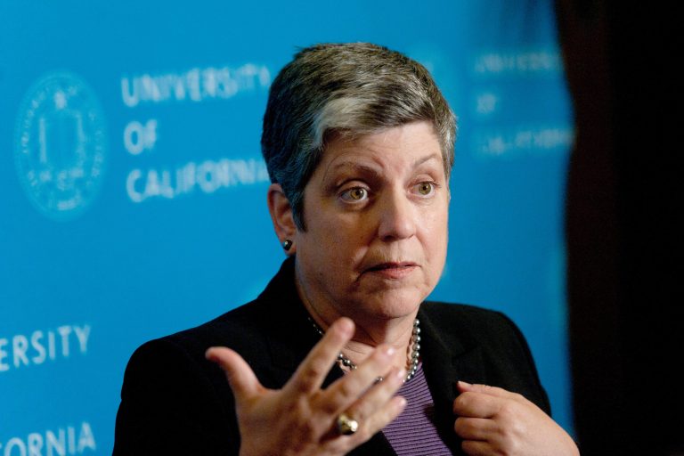 Janet Napolitano, president of the University of California, speaks with reporters after speaking at a Commonwealth Club gathering on Wednesday, Oct. 30, 2013, in San Francisco. (AP/Noah Berger)
