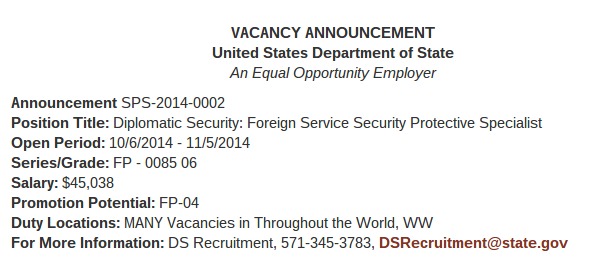 State Dept. Diplomatic Security Jobs: ‘MANY Vacancies’