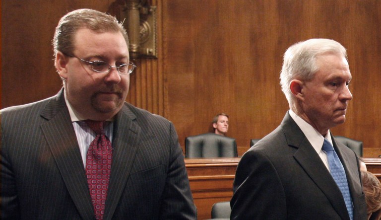 President Trump's Justice Department nominee Brian Benczkowski, a Republican lawyer who once served as a staff director of the judicial committee for former Sen. Jeff Sessions, was advanced in an 11-9 party-line vote and will soon head to the Senate floor for a confirmation vote. (AP Photo/Harry Hamburg)