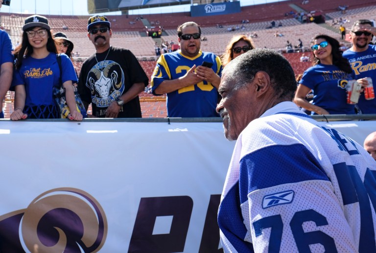 Rosey Grier, who played for the Los Angeles Rams, is 84 years old, but said he will be running in next year's election because he wants to serve Golden State residents. (AP Photo/Richard Vogel)