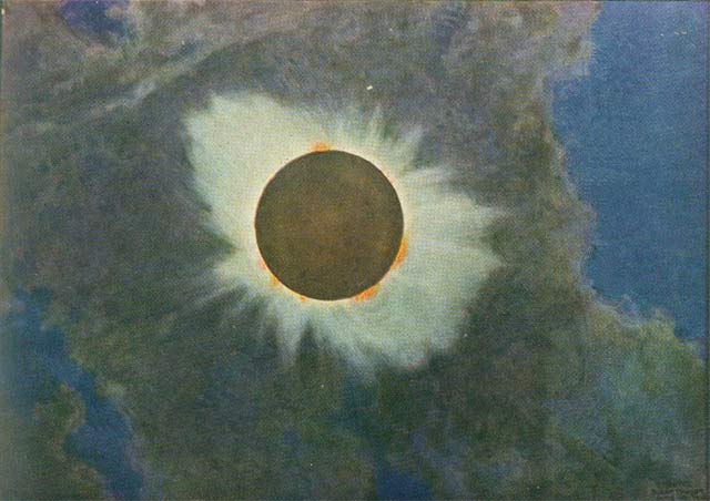 How did the scientists try to document an eclipse? Black and white photography just couldn't capture the breathtaking moment when the sun's corona appeared. Color photography was still largely experimental and grossly expensive too. So, they invited Howard Russell Butler to memorialize the moment in oil. (Howard Russell Butler via Wikimedia Commons)