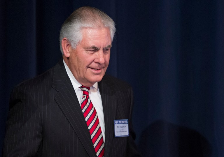 A Republican congressman said that Rex Tillerson, the president-elect's pick for secretary for state, needs to divest all his holdings in Exxon Mobil before he leads the nation's diplomatic efforts. (AP Photo/Evan Vucci)