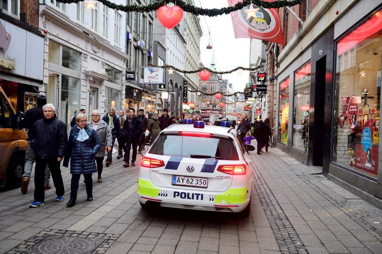 Danish police patrol the pedestrian street in the center of Copenhagen, Denmark on Tuesday, Dec. 20, 2016. John Kirby, said the terrorist attack in Berlin is a prime example of why people need to be extra cautious when traveling to Europe during the holiday season. (Tariq Mikkel Khan/Polfoto via AP)