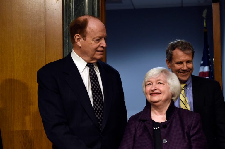 Senate Banking Committee Chairman Sen. Richard Shelby, R-Ala., left, and the committee's ranking member Sen. Sherrod Brown, D-Ohio, right, walk into the hearing room on Capitol Hill in Washington, Tuesday, Feb. 24, with Federal Reserve Board Chair Janet Yellen prior to her testimony before the committee. (AP Photo/Susan Walsh)