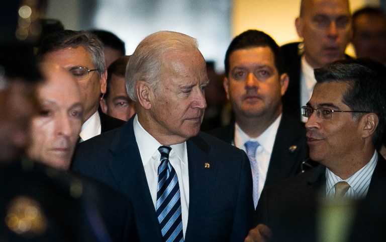 Vice President Joe Biden talks with Rep. Xavier Becerra, D-CA, as he arrives on Capitol Hill to meet with Senate Democrats. (Graeme Jennings/Examiner)