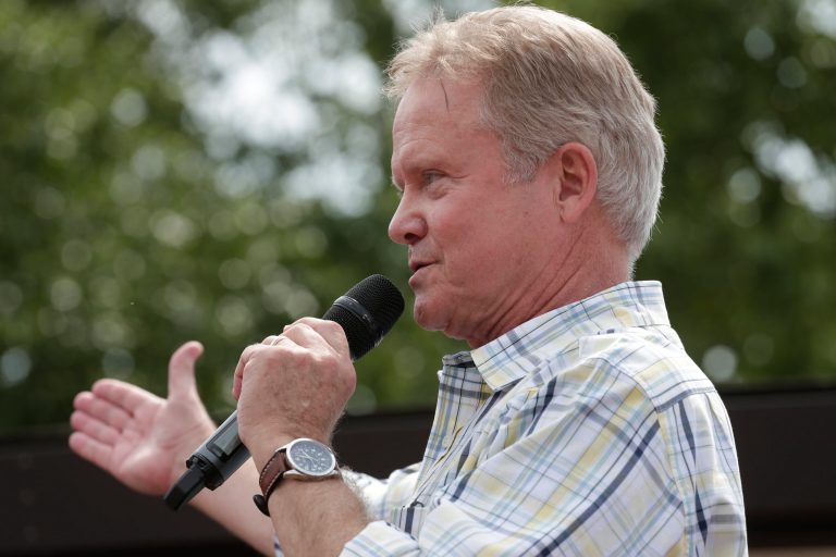 Democratic presidential candidate, former Virginia Sen. Jim Webb, speaks at the Iowa State Fair Thursday, Aug. 13, 2015, in Des Moines. (AP Photo/Charlie Riedel)