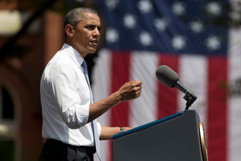 President Obama gestures during a speech on climate change at Georgetown University on Tuesday. (AP Photo/Evan Vucci)