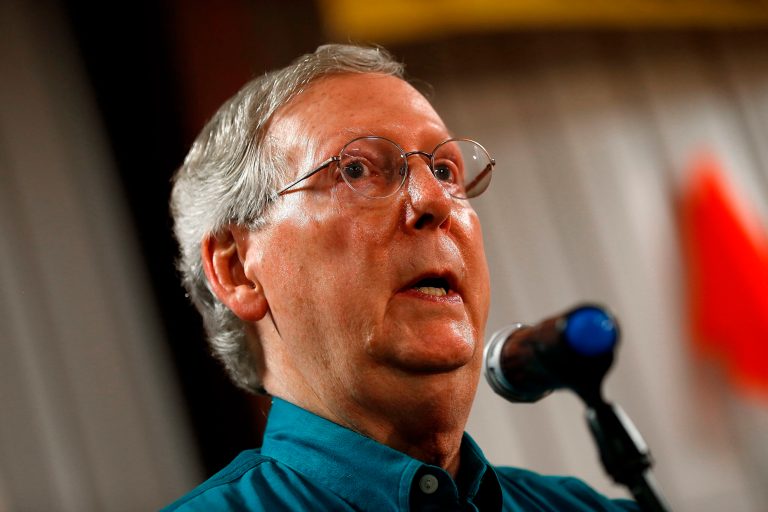 Senate Minority Leader Mitch McConnell, R-Ky., speaks to supporters while campaigning at a Rental Pro store during a two day bus tour of eastern Kentucky August 7, 2014 in Hazard, Kentucky. McConnell is locked in a tight race against Democratic challenger Kentucky Secretary of State Alison Lundergan Grimes. (Photo by Win McNamee/Getty Images)