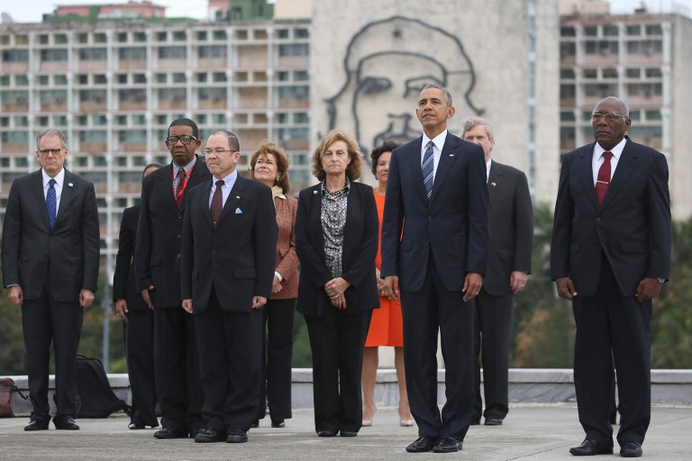 Visiting Havana's Revolution Square, President Obama stood in front of a Cuban ministry building featuring a five-story representation of Guevara. (AP Photo/Dennis Rivera)