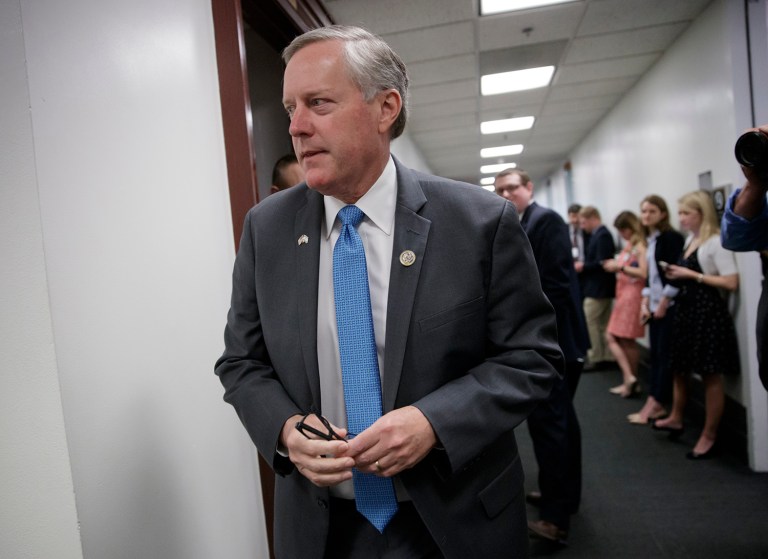 House Freedom Caucus Chairman Rep. Mark Meadows, R-N.C., leaves a closed-door strategy session with House Speaker Paul Ryan of Wis., and others, on Capitol Hill, in Washington, Tuesday, March 28, 2017. (AP Photo/J. Scott Applewhite)