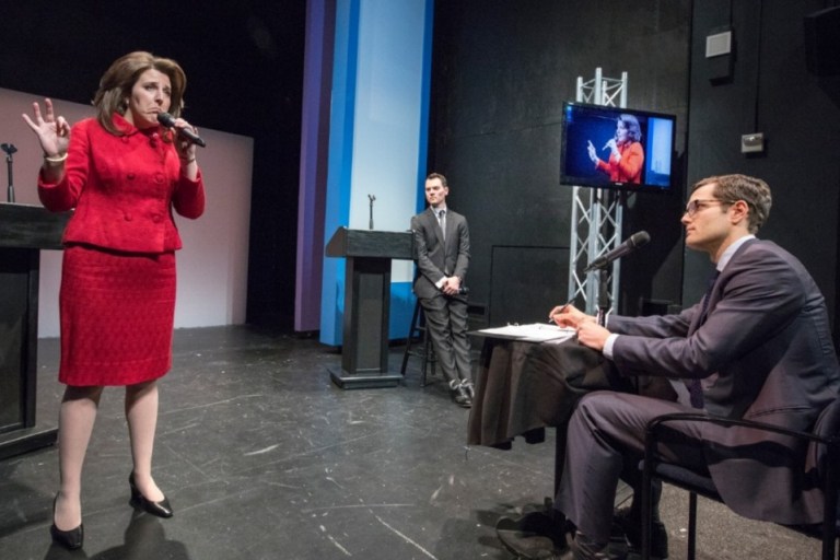 To many performance-goers, the female Trump was likable, while the male Clinton was not. (Screenshot/Richard Termine, NYU)