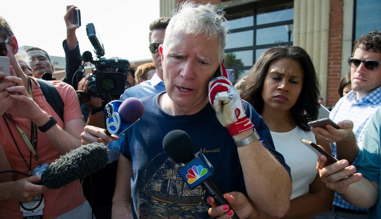 Rep. Mo Brooks, R-Ala. meets with reporters in Alexandria, Va., Wednesday, June 14, 2017, after House Majority Whip Steve Scalise of La. was shot by a rifle-wielding gunman at a congressional baseball practice just outside of Washington. Several other people were also believed to have been hit, according to a lawmaker who witnessed the shooting. (AP Photo/Cliff Owen)