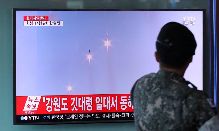 North Korea fired three short-range ballistic missiles on Friday, including two projectiles that did not "fail in flight" as originally thought, according to U.S. Pacific Command. (AP Photo/Lee Jin-man)