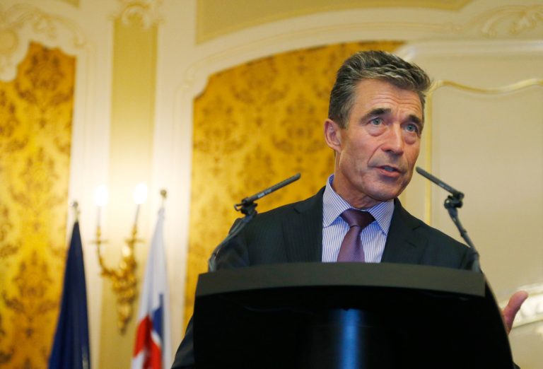 NATO Secretary General Anders Fogh Rasmussen delivers a statement to media after meeting with Slovakia's Prime Minister Robert Fico in Bratislava, Slovakia, Thursday, May 15, 2014. (AP Photo/Petr David Josek)