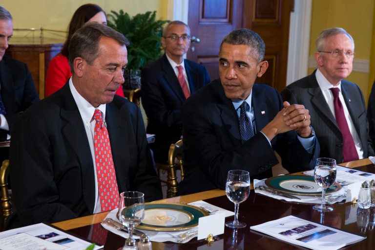 President Barack Obama meeting with Congressional leaders in the Old Family Dining Room of the White House in Washington Nov. 7. From left are, House Speaker John Boehner of Ohio, Obama, and Senate Majority Leader Harry Reid of Nev. (AP Photo/Evan Vucci)