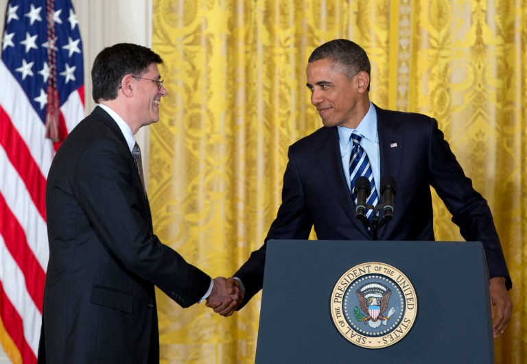 President Barack Obama shakes hands with current White House Chief of Staff Jack Lew in the East Room of the White House in Washington, Thursday, Jan. 10, 2013, where he announced Lew's nomination as the next Treasury Secretary.  (AP Photo/Carolyn Kaster)
