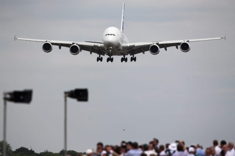 An Airbus A380 performs in an aerial flying display on day four of the Farnborough International Airshow on July 16, 2014 in Farnborough, England. (Photo by Dan Kitwood/Getty Images)