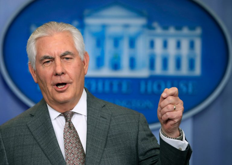 FILE - In this Monday, Nov. 20, 2017, file photo, U.S. Secretary of State Rex Tillerson talks to reporters during the daily media briefing in the Brady Press Briefing Room at the White House, in Washington. The United States declared the ongoing violence against Rohingya Muslims in Myanmar to be 
