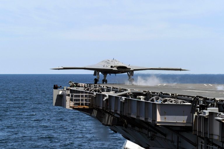 In this handout released by the U.S. Navy courtesy of Northrop Grumman, an X-47B Unmanned Combat Air System demonstrator launches from the aircraft carrier USS George H.W. Bush on May 14, 2013, in the Atlantic Ocean. (Photo by Alan Radecki/U.S. Navy/Northrop Grumman via Getty images)