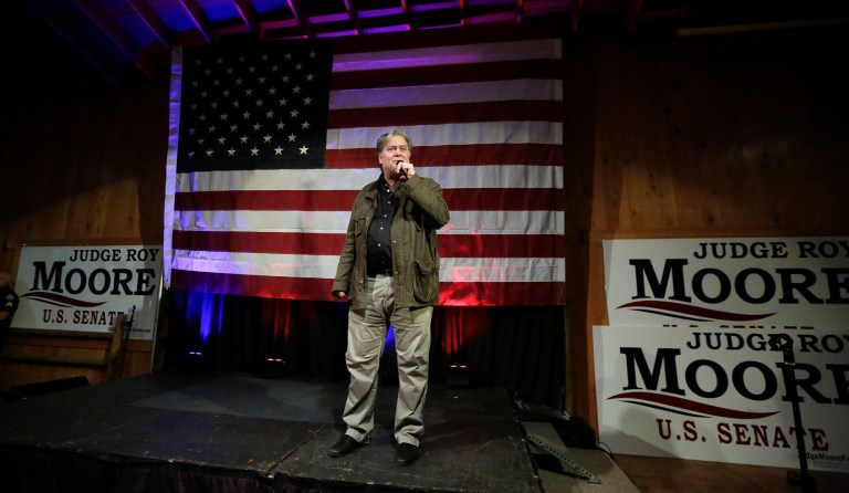 Former White House strategist Steve Bannon speaks at a rally for U.S. Senate hopeful Roy Moore, Monday, Sept. 25, 2017, in Fairhope, Ala. (AP Photo/Brynn Anderson)