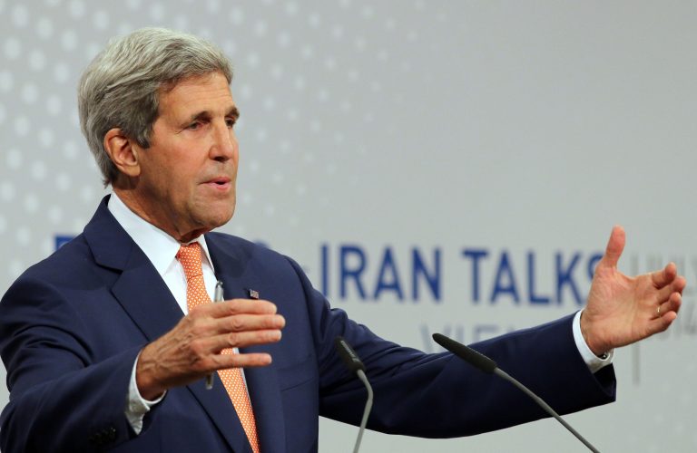 U.S. Secretary of State John Kerry speaking to the media after closed-door nuclear talks on Iran take place in Vienna, Austria, Tuesday, July 15, 2014. (AP Photo/Ronald Zak)