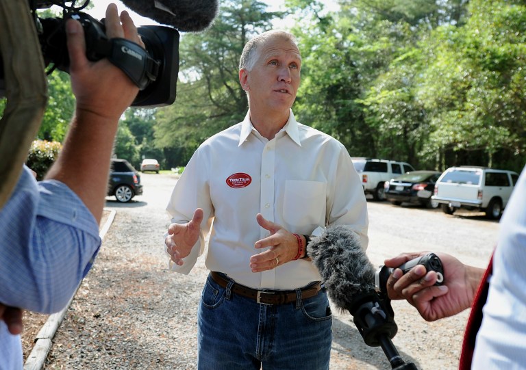 N.C. House Speaker Thom Tillis talks with the media outside Precinct 75 at Holy Covenant UCC in Charlotte, N.C., on Tuesday. (AP Photo/The Charlotte Observer, Jeff Siner)ÃÂ 