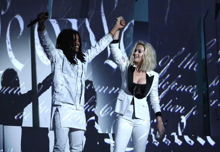 Katy Perry performed at the Grammy Awards in front of a large-scale print of the Constitution. (Photo by Matt Sayles/Invision/AP)