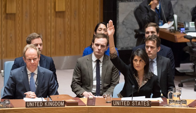 U.S. Ambassador to the United Nations Nikki Haley, right, votes against a resolution concerning Jerusalem's status at U.N. headquarters. (Eskinder Debebe/United Nations via AP)