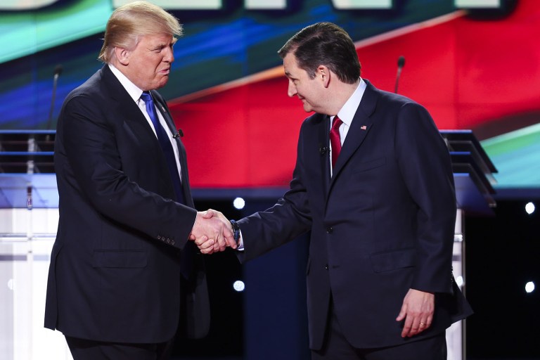According to multiple reports, the two men convened at the National Republican Senatorial Committee's headquarters on Capitol Hill shortly after the presumptive GOP presidential nominee met with Republican members of both congressional chambers. (Gary Coronado/Pool via Bloomberg, File)