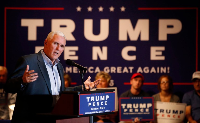 Republican vice presidential candidate Indiana Gov. Mike Pence speaks during a campaign stop in Dayton, Ohio, Wednesday, Aug. 10, 2016. (Ty Greenlees/Dayton Daily News via AP)
