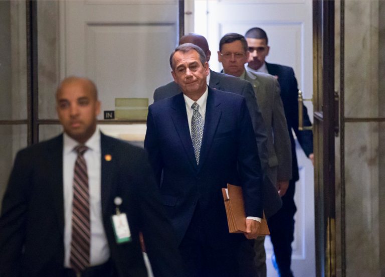 House Speaker John Boehner of Ohio arrives on Capitol Hill in Washington, Monday, Oct. 7, 2013. The Republican-controlled House and the Democrat-controlled Senate are at an impasse, neither side backing down, after House GOP conservatives linked the funding bill to President Obama's existent health care law. (AP Photo/J. Scott Applewhite)