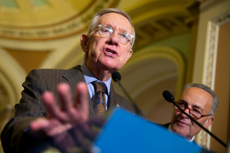 Senate Minority Leader Sen. Harry Reid, D-Nev., will propose a bill to counter the Republican agenda that seeks to boost oil production and delay climate change regulations for power plants. (AP Photo/Evan Vucci)