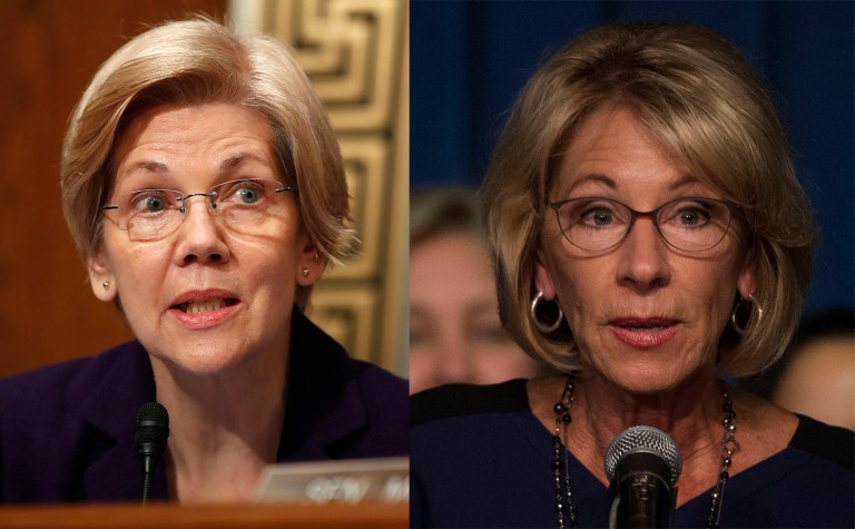 In Trump's America, you can still tell a woman to sit down and shut up. Of course, it just depends on her politics. Elizabeth Warren and Betsy DeVos know this better than most. (AP Photo/Carolyn Kaster)