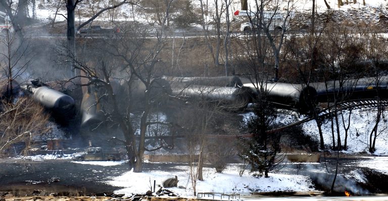 This Feb. 17, 2015, file photo shows a train derailment that sent a tanker with crude oil into the Kanawha River near Mount Carbon, W.Va. (AP Photo)Â 