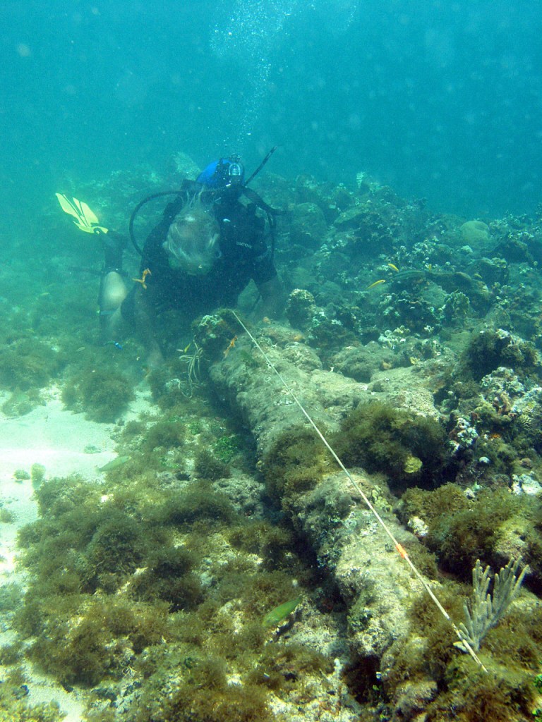 In this May 2003 photo, a diver measures a lombard cannon adjacent to a ballast pile, off the North coast of Haiti, at a site explorer Barry Clifford says could be the wreckage of Cristpher Colombus' flagship vessel the Santa Maria. Clifford said evidence that the wreck is the Santa Maria, which struck a reef and foundered on Christmas Day in 1492, includes ballast stones that appear to have come from Spain or Portugal and what looks like a 15th century cannon that was at the site during an initial inspection but has since disappeared. (AP Photo/Brandon Clifford)