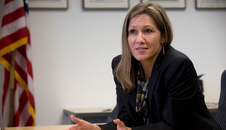 In this 2014 photo, Amanda Renteria is interviewed in Washington. Renteria, an aide to California Attorney General Xavier Becerra and a former campaign aide to Hillary Clinton, has filed the paperwork to run in California's gubernatorial race, but she did not make an announcement. (AP Photo/Jacquelyn Martin)