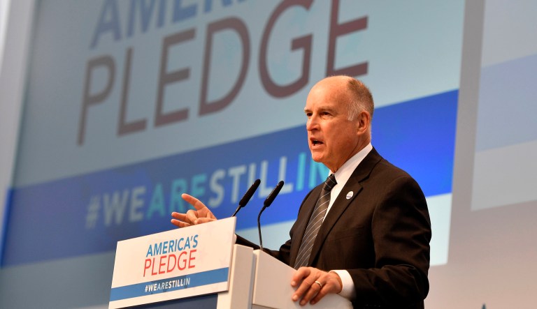 California Governor Jerry Brown speaks in the U.S. Climate Action Center at the COP 23 Fiji UN Climate Change Conference in Bonn, Germany, Saturday, Nov. 11, 2017. Brown's and Michael Bloomberg's 
