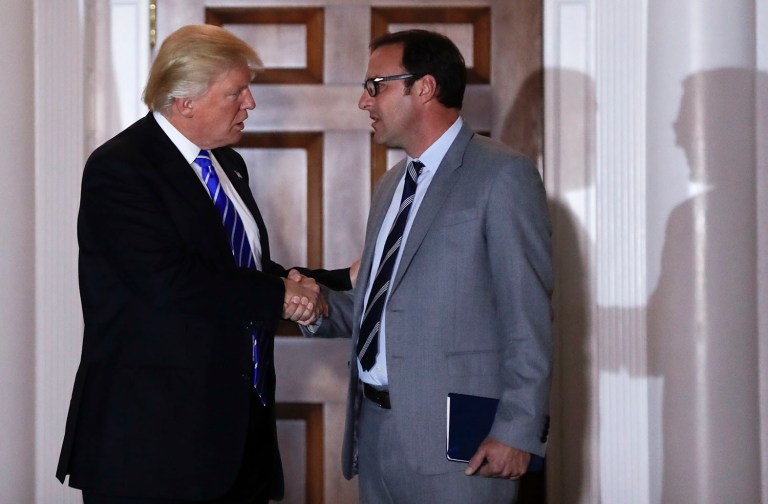President-elect Trump and Todd Ricketts, a co-owner of the Chicago Cubs, shake hands as Ricketts leaves the Trump National Golf Club Bedminster clubhouse in Bedminster, N.J. (AP Photo/Carolyn Kaster)