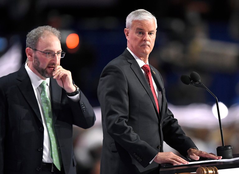 Rep. Steve Womack, R-Ark., listens to a voice vote on the adoption of the rules during the opening day of the Republican National Convention. (AP Photo/Mark J. Terrill)