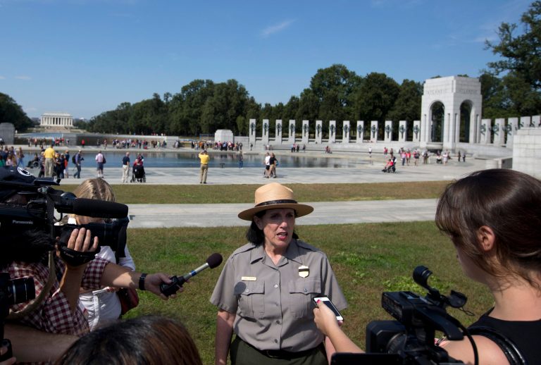 National Park Service spokeswoman Carol Johnson speaks to reporters at the National World War II Memorial in Washington on Tuesday. (AP/Carolyn Kaster)