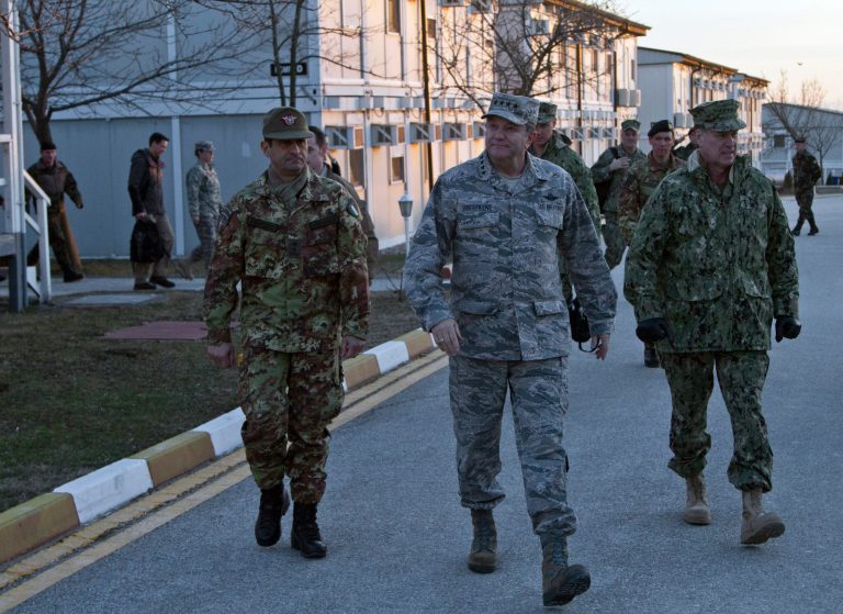 NATO's Supreme Allied Commander for Europe (SACEUR) US General Philip Breedlove, center, arrives at a press conference at the KFOR military headquarters in Pristina on Thursday, Feb. 19, 2015 during his visit to Kosovo. (AP Photo/Visar Kryeziu)