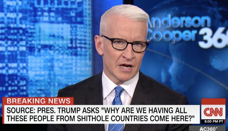 Anderson Cooper and other CNN figures wasted no time Thursday night lambasting President Trump for his reported remarks calling Haiti, El Salvador, and African nations 