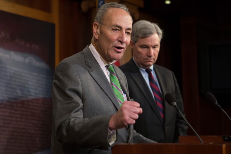 Sen. Chuck Schumer, D-N.Y., and Sen. Sheldon Whitehouse, D-RI, at a press conference on April 2, 2014, expressed their disapproval of the Supreme Court's ruling in McCutcheon v. Federal Election Commission. (Examiner/Graeme Jennings)