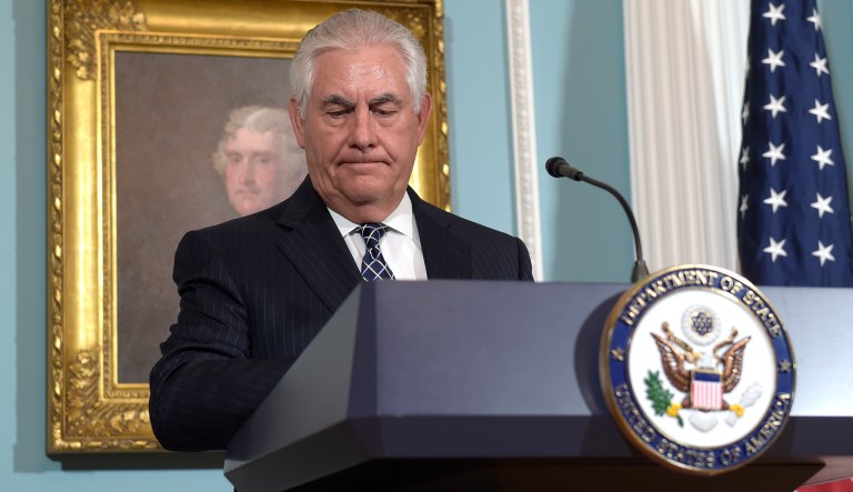 Secretary of State Rex Tillerson listens as he is asked a question about North Korea after he spoke on the release of the 2016 annual report on International Religious Freedom, Tuesday, Aug. 15, 2017, at the State Department in Washington. (AP Photo/Susan Walsh)