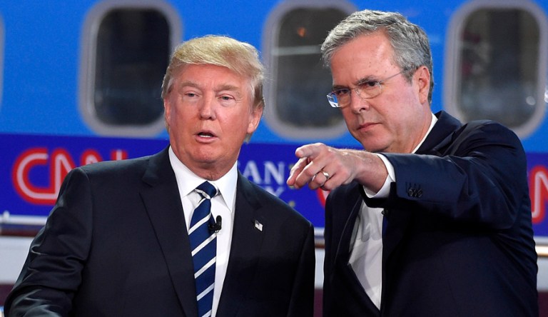 Trump has a net negative rating of -27 percentage points and Bush has a net negative rating of -23 percentage points among all respondents to a new Washington Post/ABC News poll. (AP file photo/Mark J. Terrill)