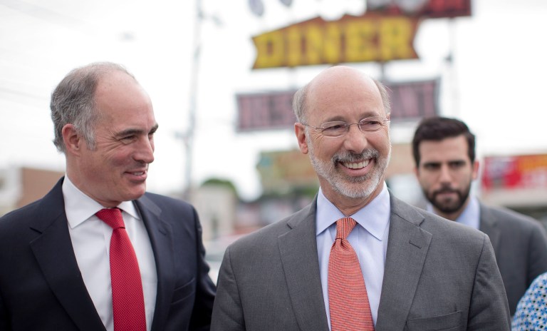 Democrats Sen. Bob Casey, left, and Gov. Tom Wolf find themselves threatened in a state where their party needs to reconstruct itself after a devastating blow. (AP Photo/Matt Rourke)