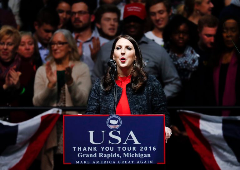 Republican Party Chairwoman Ronna Romney McDaniel speaks at a rally for President-elect Donald Trump in Grand Rapids, Mich., Friday, Dec. 9, 2016. (AP Photo/Paul Sancya)