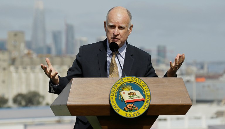 FILE - In this Sept. 29, 2017 file photo, California Gov. Jerry Brown gestures while speaking in San Francisco. (AP Photo/Eric Risberg, file)