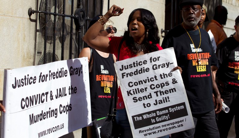 Gray, 25, was handcuffed and shackled in the back of a police van. He was unrestrained by a seatbelt, and broke his neck during the April 2015 ride. He died a week later, setting off scores of racially-charged protests. (AP Photo/Jose Luis Magana)