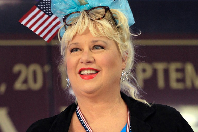 Actress Victoria Jackson takes part in a rally before a Republican presidential debate on Sept. 12, 2011, in Tampa, Fla. (AP Photo/Chris O'Meara)